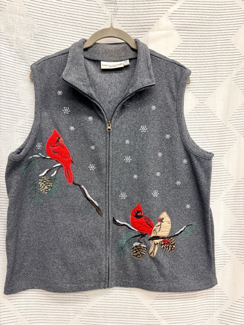 Rebecca Malone Gray Zip-Up Vest with Red Cardinal Embroidery